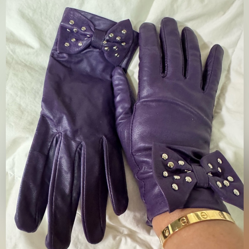 Michael Kors Purple Leather Gloves with Studded Bow Accents